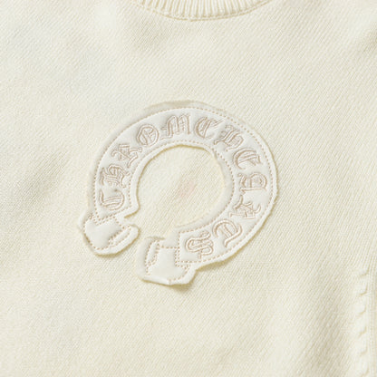 Chrome Hearts Inspired Cream Crew Neck Sweater With Embroidered Logo Detail