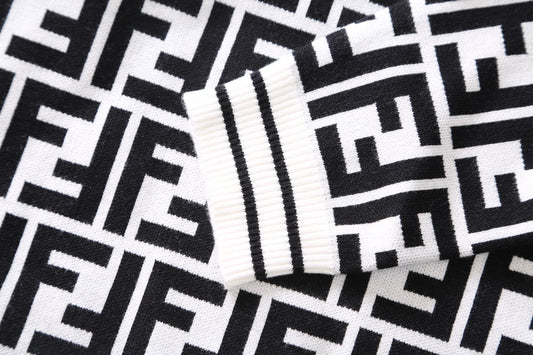 Fendi Black And White FF Pattern Crew Neck Long Sleeve Sweater