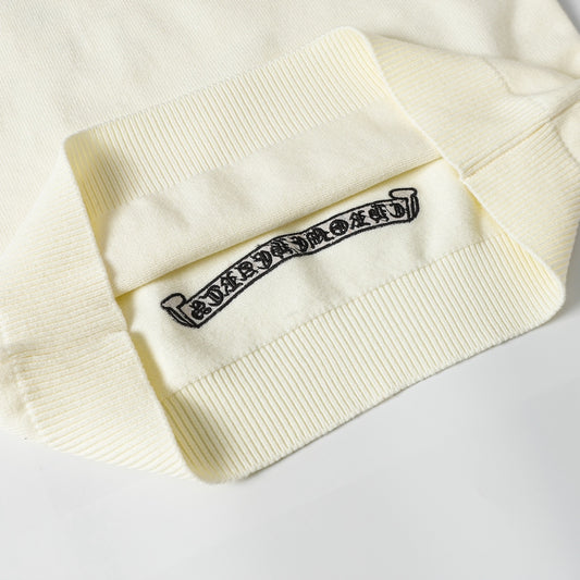 Chrome Hearts Inspired Cream Crew Neck Sweater With Embroidered Logo Detail