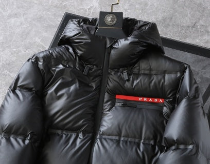 Prada Black Hooded Long Down Jacket With Brand Logo Stripe