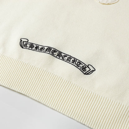 Chrome Hearts Inspired Cream Crew Neck Sweater With Embroidered Logo Detail