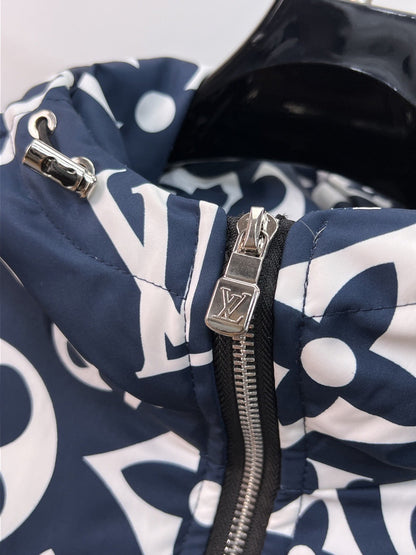 Louis Vuitton Navy Blue Hooded Down Jacket With Monogram Patterns
