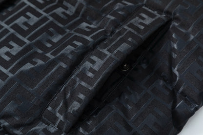 Fendi Black Hooded Down Jacket With Signature Monogram Patterns
