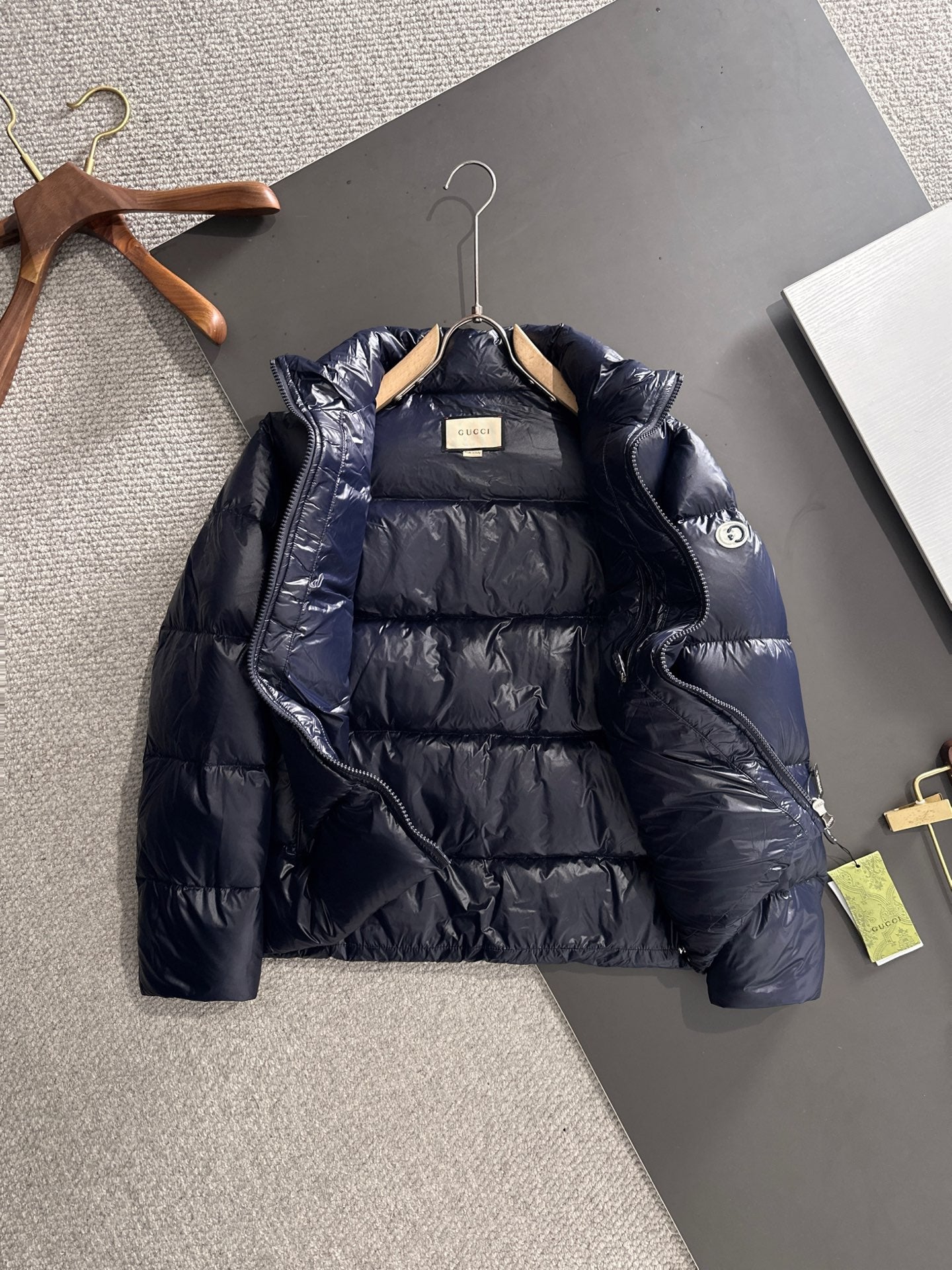Gucci Navy Blue High - Neck Down Jacket With Brand Details