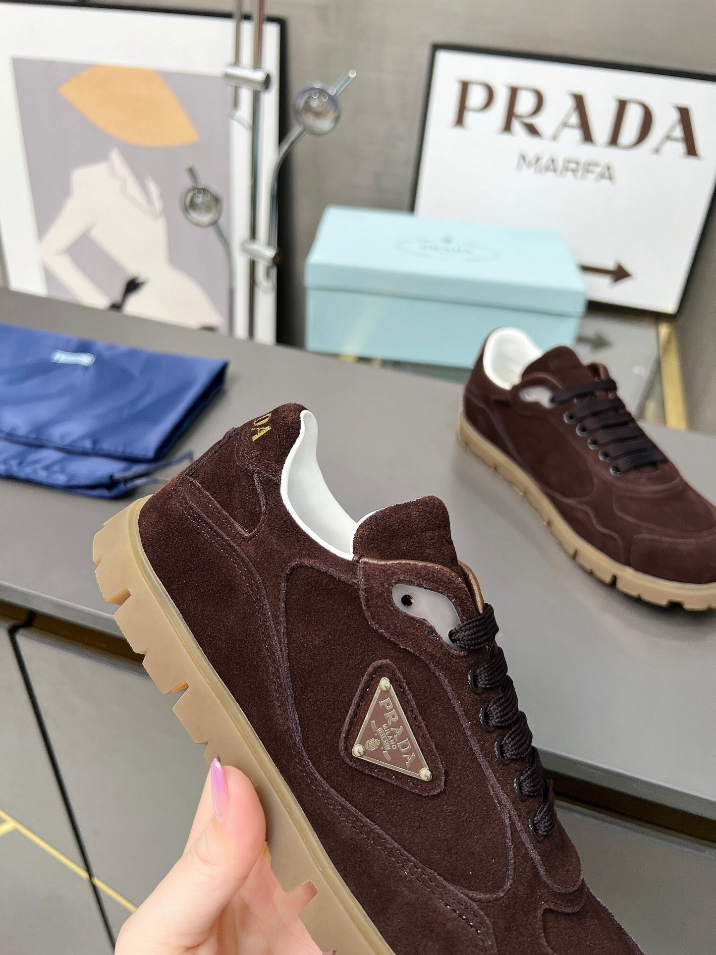 Prada Unisex Sneakers Triangle Logo Suede Luxury Sneakers