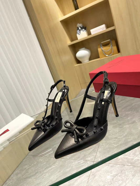 Valentino Women's Rockstud Bow Slingback Pumps Luxury Pointed Toe High Heels