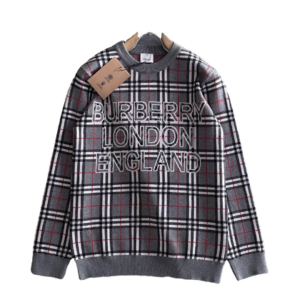 Burberry Men's Checkered Crew Neck Knitted Sweater With Brand Lettering