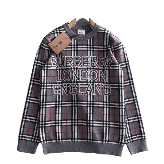 Burberry Men's Checkered Crew Neck Knitted Sweater With Brand Lettering