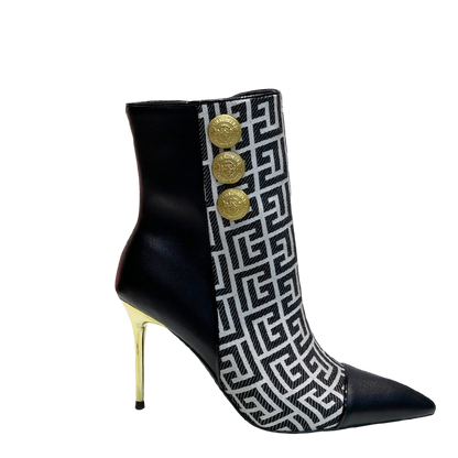 Balmain Black Leather And Monogram - Print Ankle Boots With Gold Buttons
