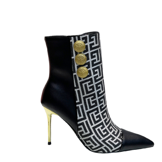 Balmain Black Leather And Monogram - Print Ankle Boots With Gold Buttons