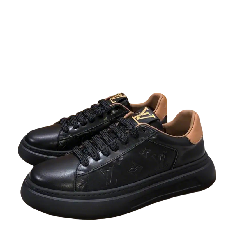 Louis Vuitton Men's Black Leather Sneakers With Embossed Logo And Contrast Details