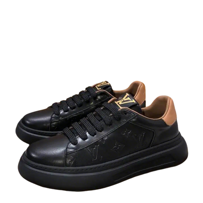Louis Vuitton Men's Black Leather Sneakers With Embossed Logo And Contrast Details