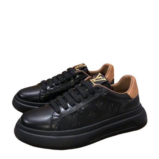 Louis Vuitton Men's Black Leather Sneakers With Embossed Logo And Contrast Details