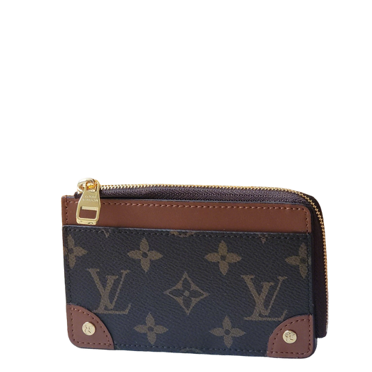 Chic Louis Vuitton Monogram Card Holder With Brown Accents And Gold Zipper M80556