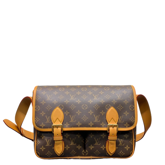 Classic Louis Vuitton Monogram Messenger Bag With Tan Leather Accents And Buckles