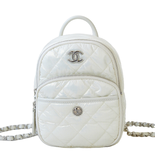 Chanel Mini Backpack White Quilted Nylon with Silver - Tone Hardware and Chain Straps AS4366