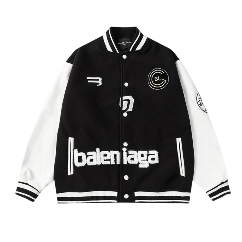 Balenciaga Black And White Varsity Jacket With Embroidered Logos