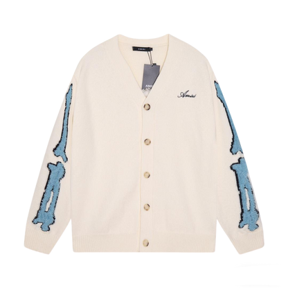 Amiri Men's Cream V - Neck Cardigan With Blue Skeleton Print And Branding