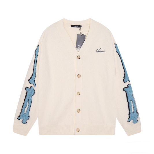Amiri Men's Cream V - Neck Cardigan With Blue Skeleton Print And Branding