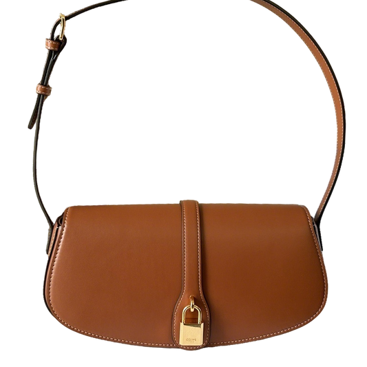 Stylish Celine TaBou Clutch Brown Leather Shoulder Bag With Gold Lock Detail 198663
