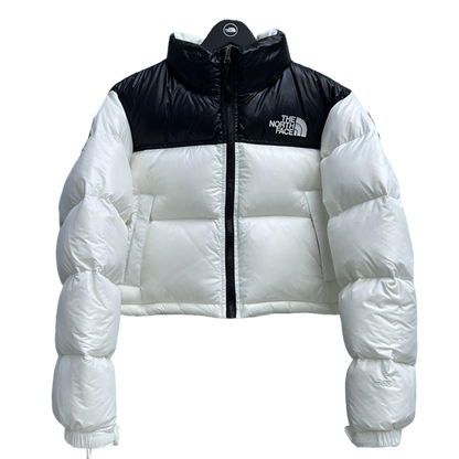 The North Face Black And White Color Block Cropped Nuptse Puffer Jacket