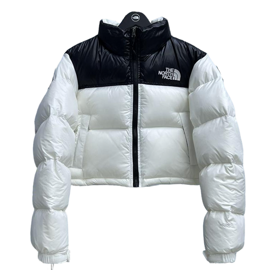The North Face Black And White Color Block Cropped Nuptse Puffer Jacket