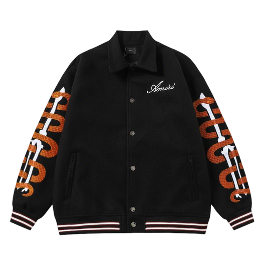 Amiri Black Jacket With Orange Snake Pattern And Brand Embroidery