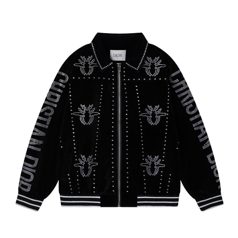 Dior Black Velvet Jacket With Rhinestone Embellishments And Brand Lettering