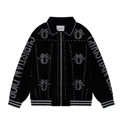 Dior Black Velvet Jacket With Rhinestone Embellishments And Brand Lettering