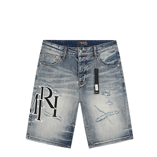 Amiri Light Blue Distressed Denim Shorts With Stylish Logo