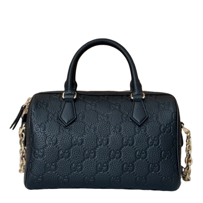 Gucci Black Guccissima Leather Top Handle Bag With Gold Tone Chain Straps 815255
