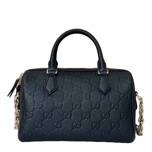 Gucci Black Guccissima Leather Top Handle Bag With Gold Tone Chain Straps 815255