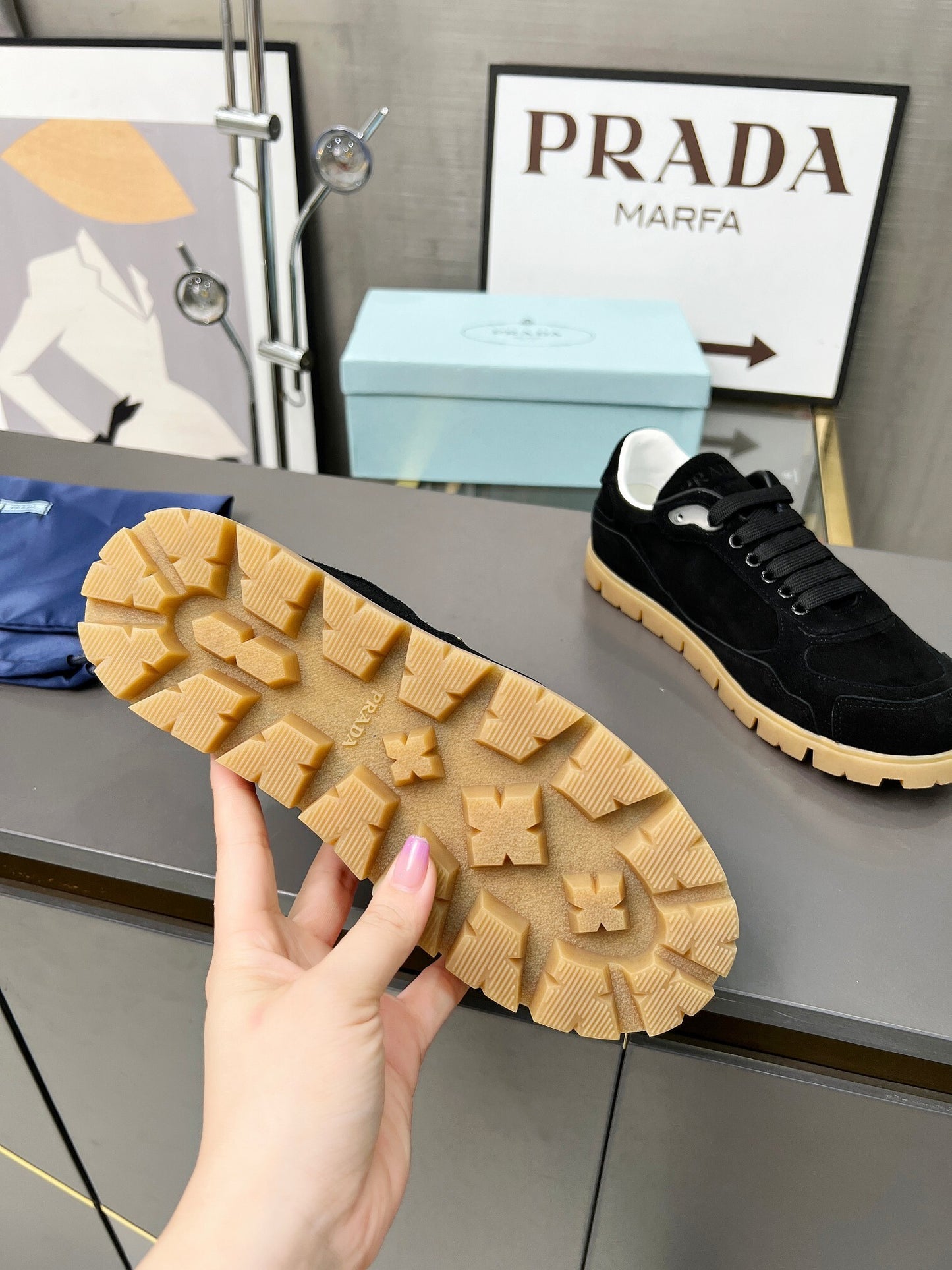 Prada Unisex Sneakers Triangle Logo Suede Luxury Sneakers