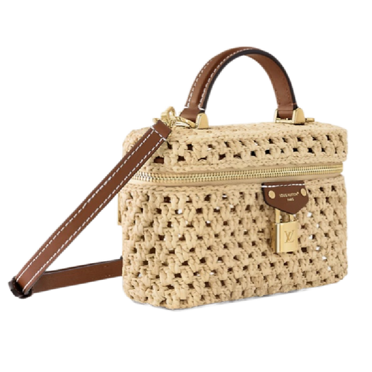 Chic Louis Vuitton Woven Straw Vanity Bag With Leather Handle And Lock Accents