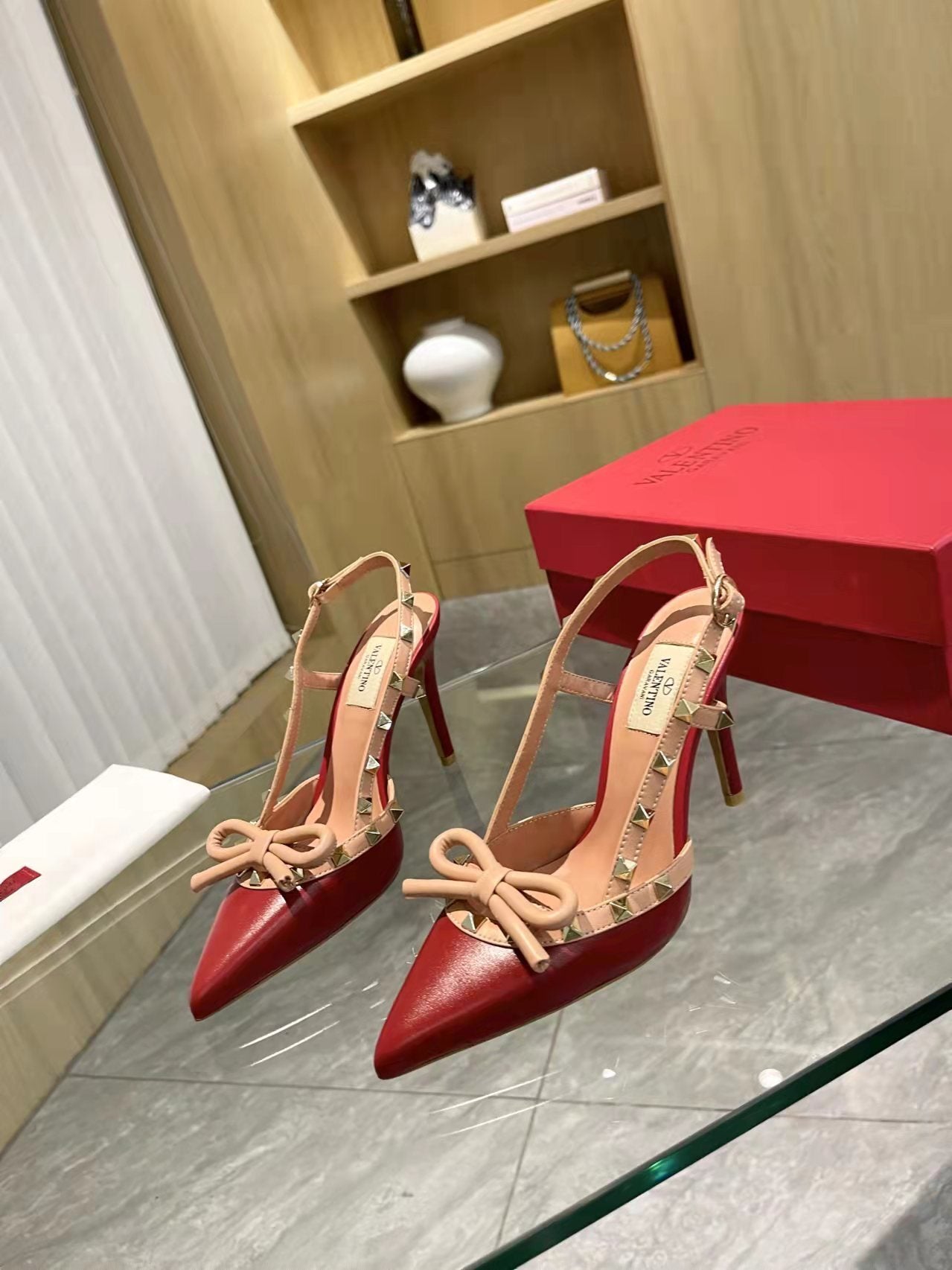 Valentino Women's Rockstud Bow Slingback Pumps Luxury Pointed Toe High Heels
