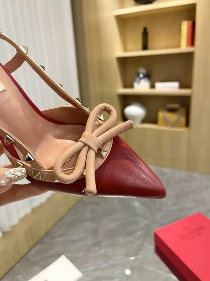 Valentino Women's Rockstud Bow Slingback Pumps Luxury Pointed Toe High Heels