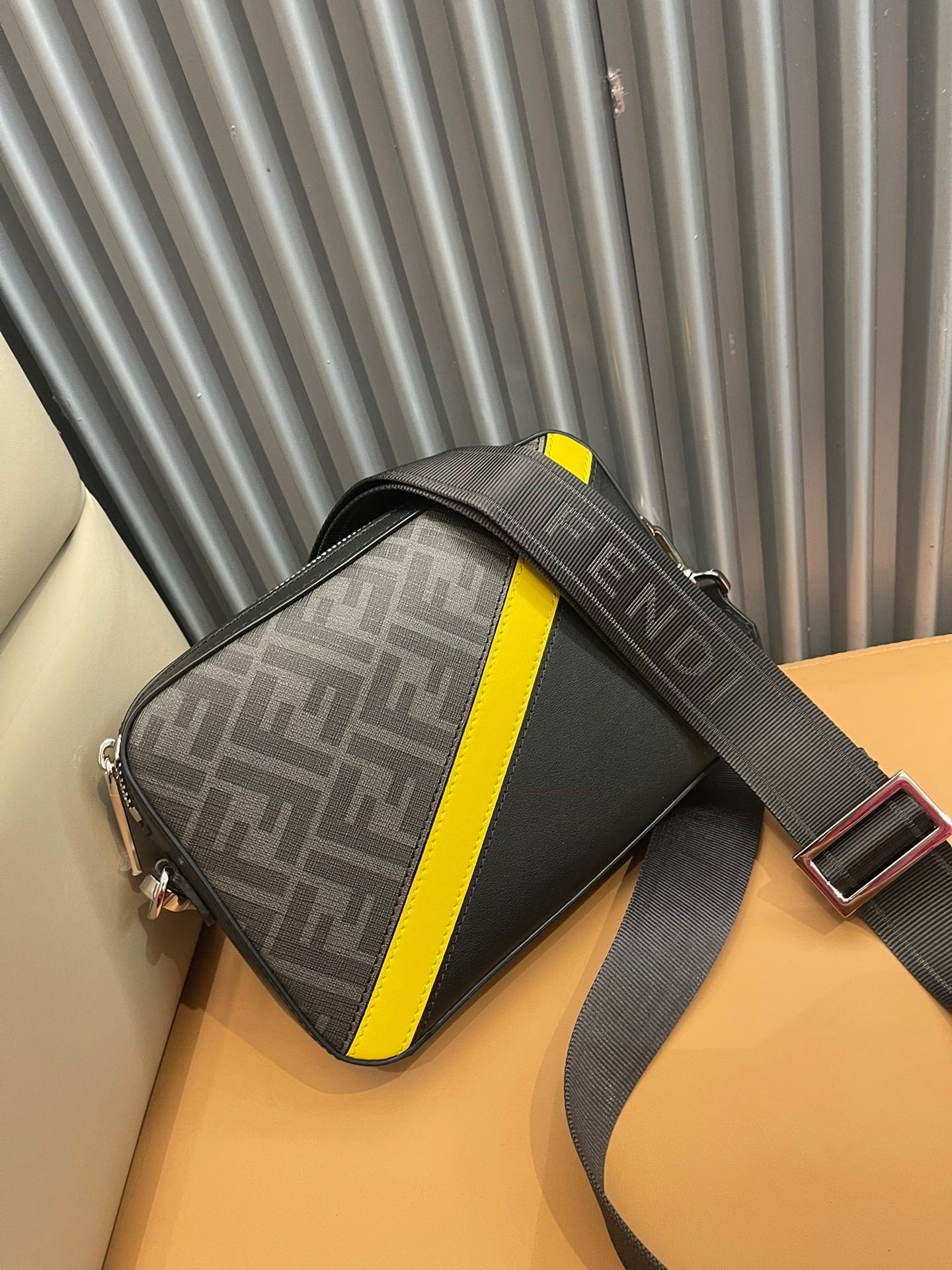 Chic Fendi Crossbody Bag With FF Pattern And Contrasting Yellow Stripe 7m287