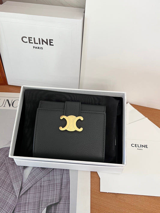 Celine VICTOIRE Triomphe Beige Leather Compact Wallet With Gold Hardware 100963