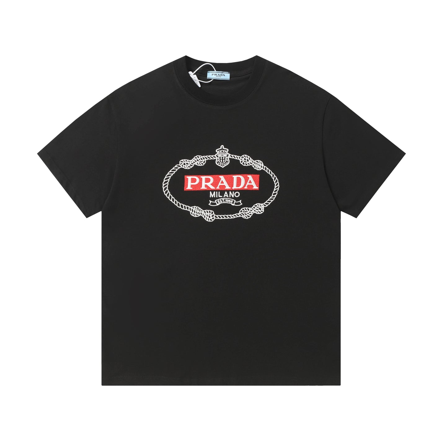 Prada White/Black Tee With Classic Rope - Framed Logo For Timeless Luxury Style