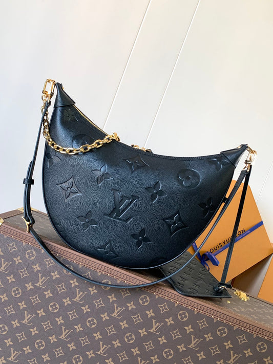 Louis Vuitton Black Embossed Leather Moon Bag With Gold Chain Stylish Luxury Shoulder Accessory