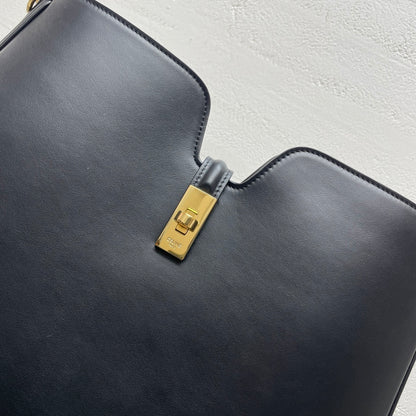 Celine 16 Soft Black Leather Hobo Bag With Gold - Tone Lock Accent 119563