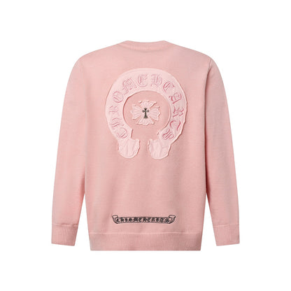 Chrome Hearts Inspired Pink Crew Neck Sweater With Embroidered Logo Detail