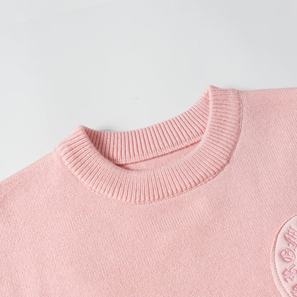 Chrome Hearts Inspired Pink Crew Neck Sweater With Embroidered Logo Detail