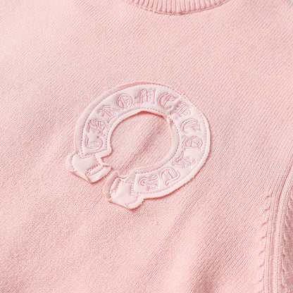 Chrome Hearts Inspired Pink Crew Neck Sweater With Embroidered Logo Detail