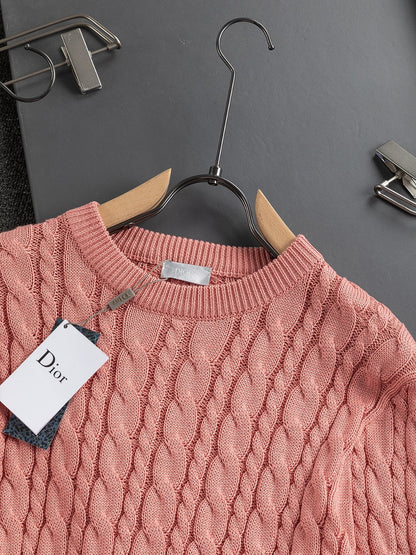 Dior Pink Cable - Knit Crew Neck Long - Sleeve Fashion Sweater