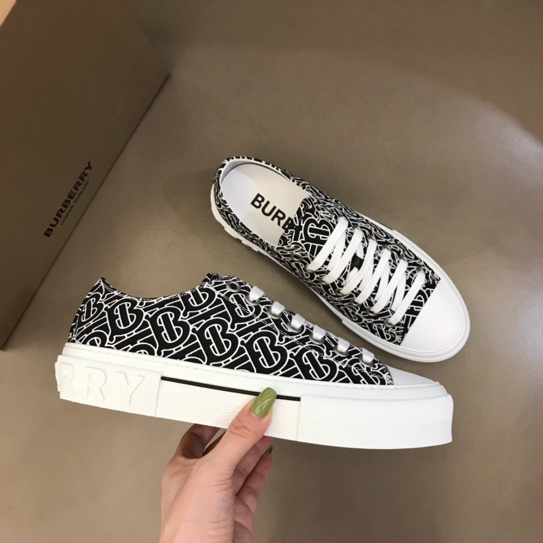 Burberry Unisex Black White Monogram Canvas Sneakers Fashionable Versatile Footwear For Men And Women With Signature Logo Design