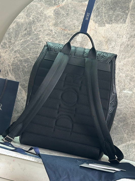 Elegant Dior Daily Black Leather Backpack With Embossed Monogram And Buckle Closure BA231