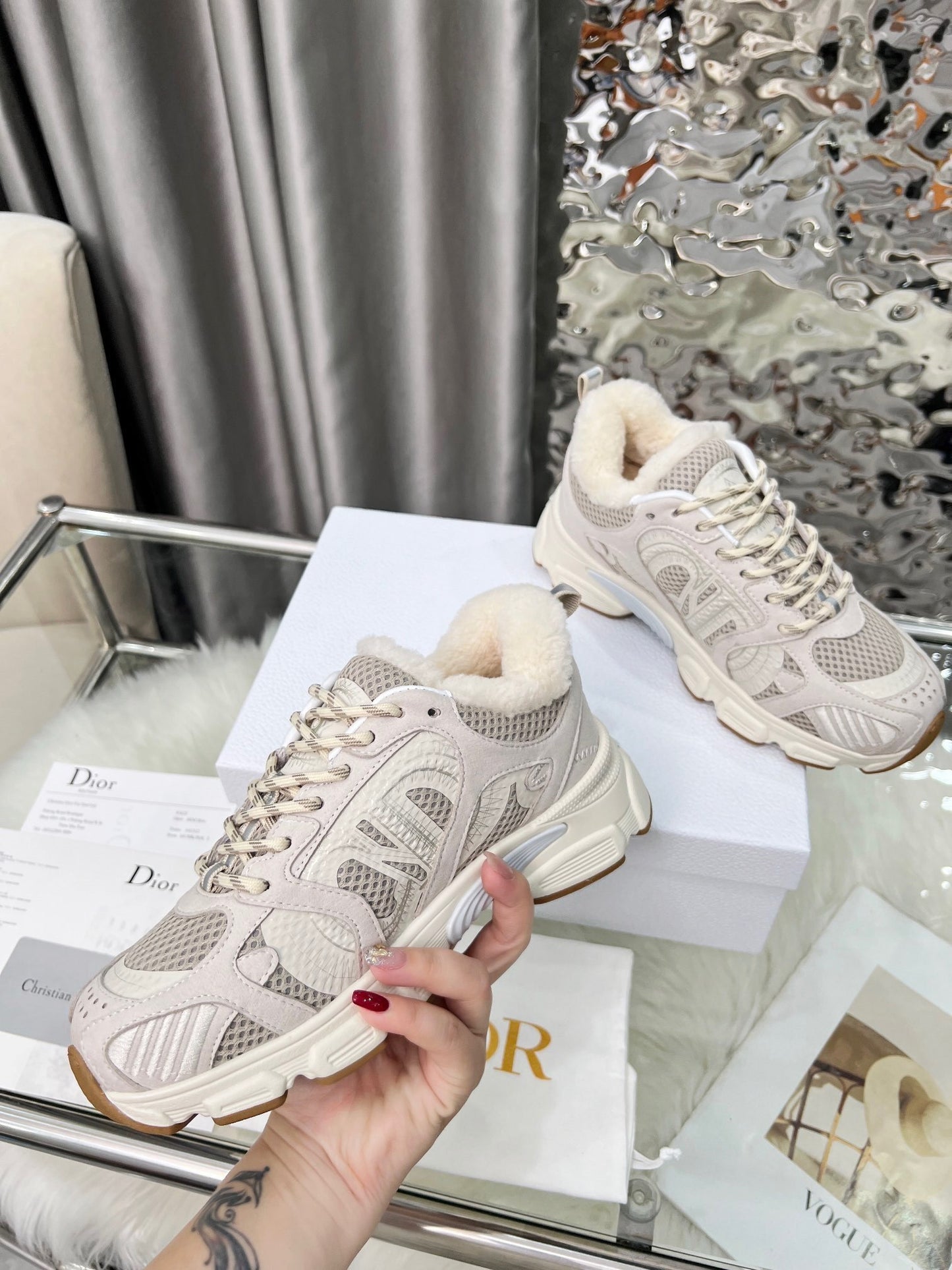 Women's Dior Beige Sneakers With Warm Fleece Lining