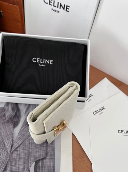 Celine VICTOIRE Triomphe Beige Leather Compact Wallet With Gold Hardware 100963