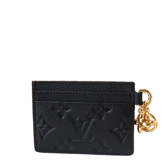 Chic Louis Vuitton Black Embossed Leather Card Holder With Gold Keychain Accent